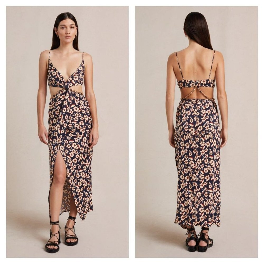 BEC & BRIDGE Modern Romance Twist Maxi Dress Floral Cutout Chain Black Womens 2